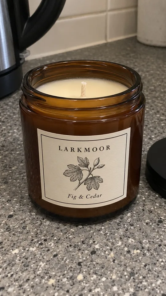 The photo: a Larkmoor Fig & Cedar candle on a kitchen counter, taken on a phone